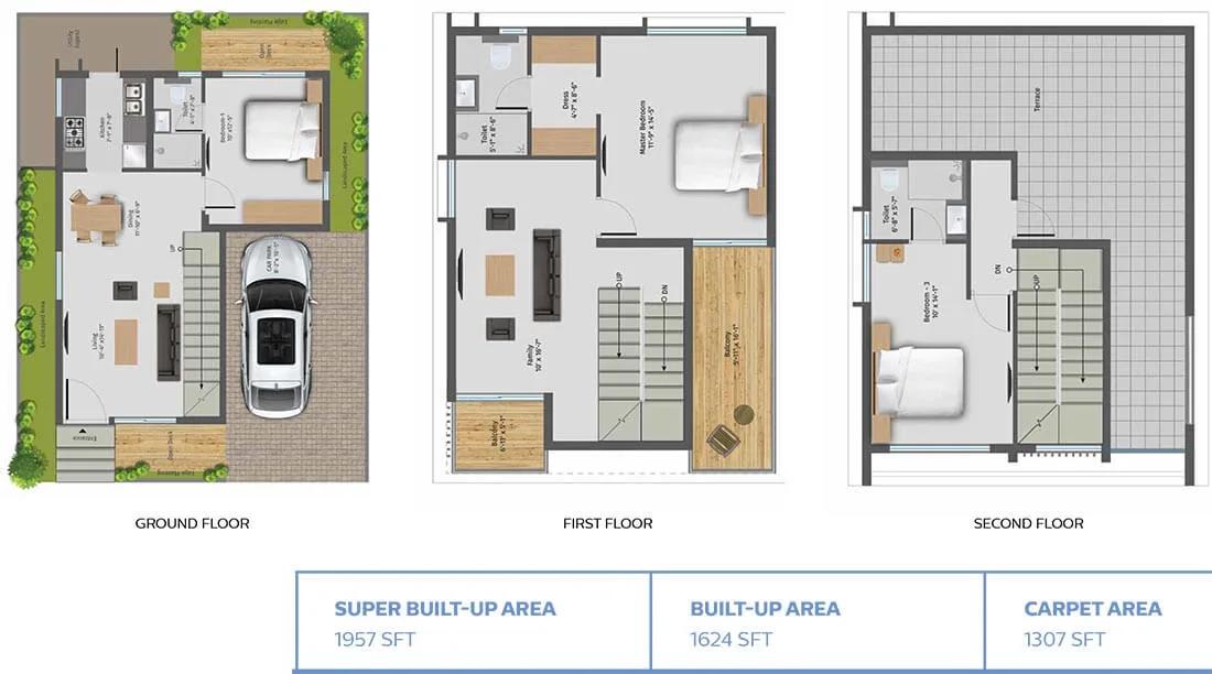 42 Queens Square Villas 3 BHK floor plan, about 1,957 sq ft