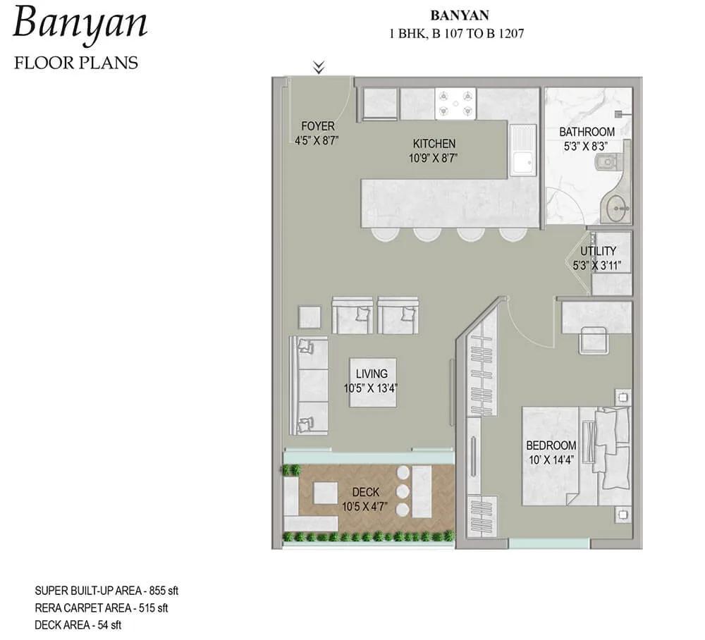 Enessen Estates & Prime One Corp Centreo 1 BHK floor plan, about 855 sq ft