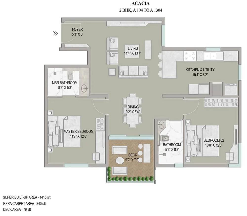Enessen Estates & Prime One Corp Centreo 2 BHK floor plan, about 1,415 sq ft