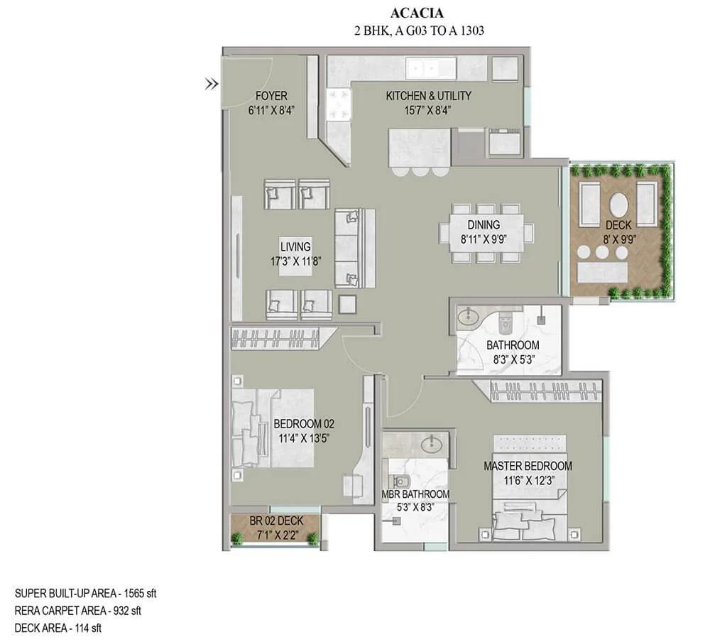 Enessen Estates & Prime One Corp Centreo 2 BHK floor plan, about 1,565 sq ft