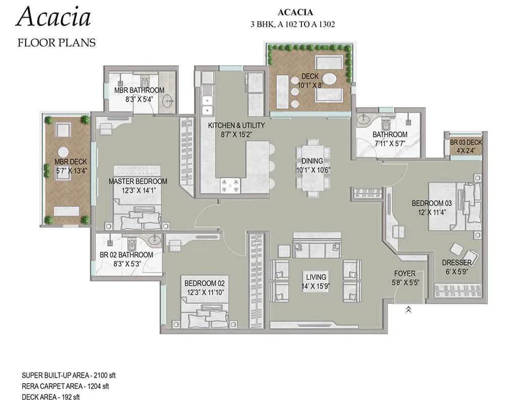 Enessen Estates & Prime One Corp Centreo 3 BHK floor plan, about 2,100 sq ft