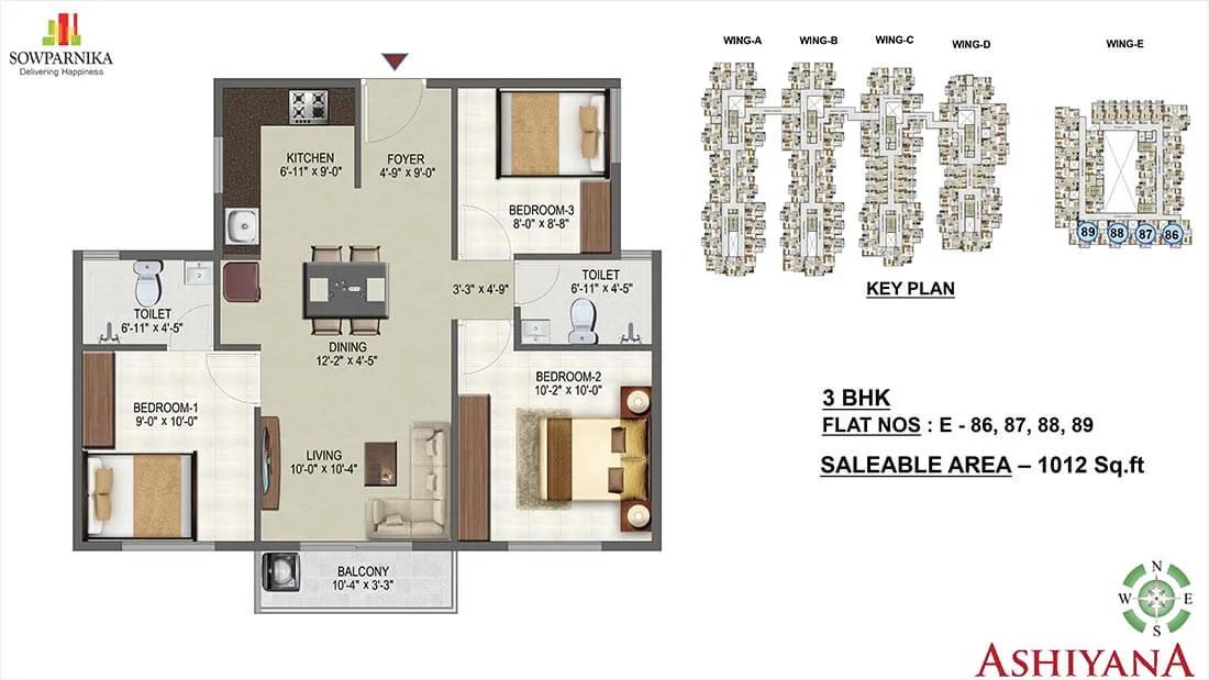 Sowparnika Ashiyana 3 BHK floor plan, about 1,012 sq ft