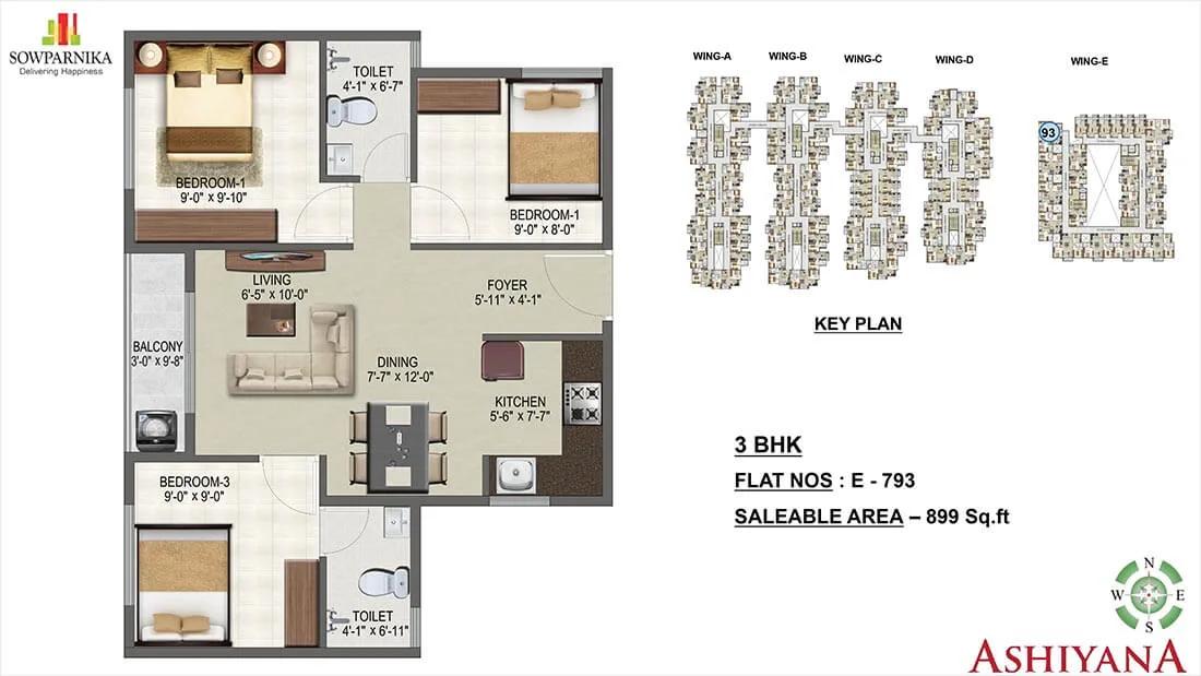 Sowparnika Ashiyana 3 BHK floor plan, about 899 sq ft