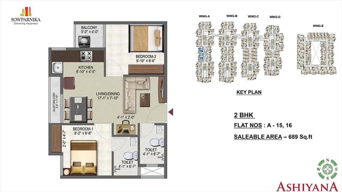 Sowparnika Ashiyana 2 BHK floor plan, about 689 sq ft
