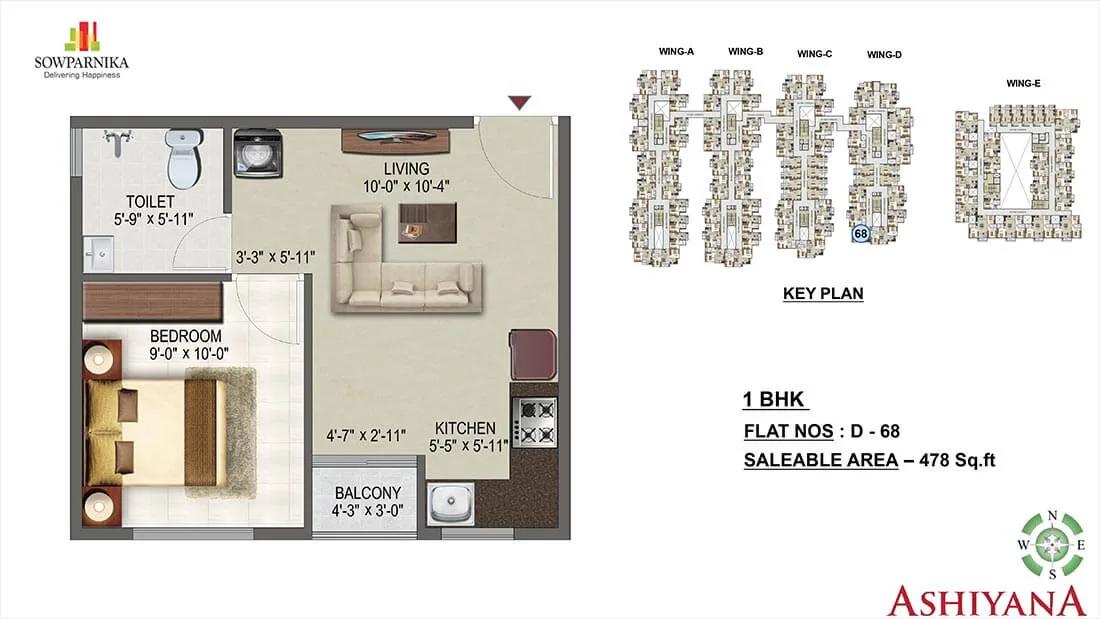 Sowparnika Ashiyana 1 BHK floor plan, about 478 sq ft