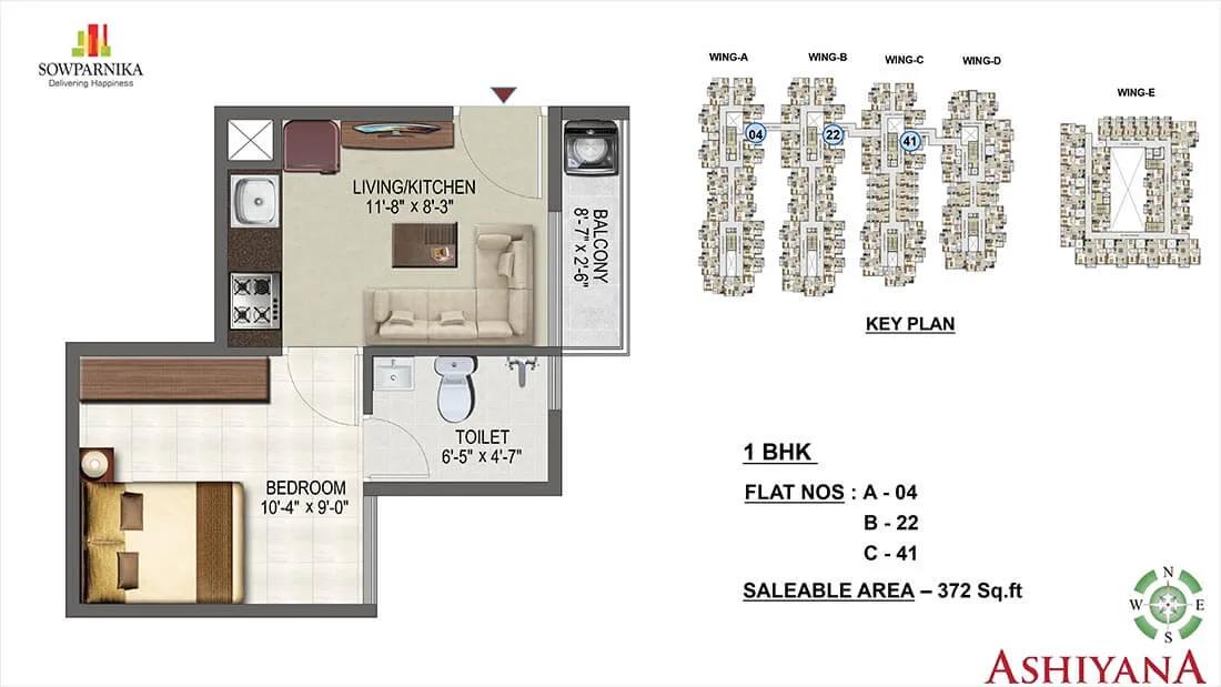 Sowparnika Ashiyana 1 BHK floor plan, about 372 sq ft