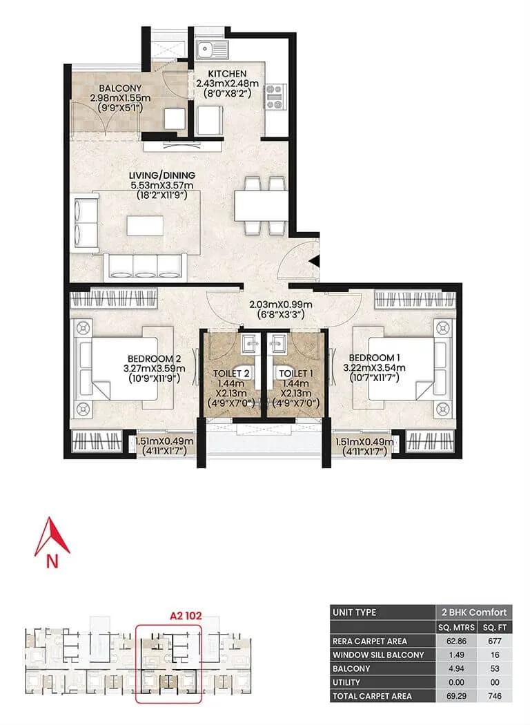 Mahindra Vicino 2 BHK floor plan, about 746 sq ft
