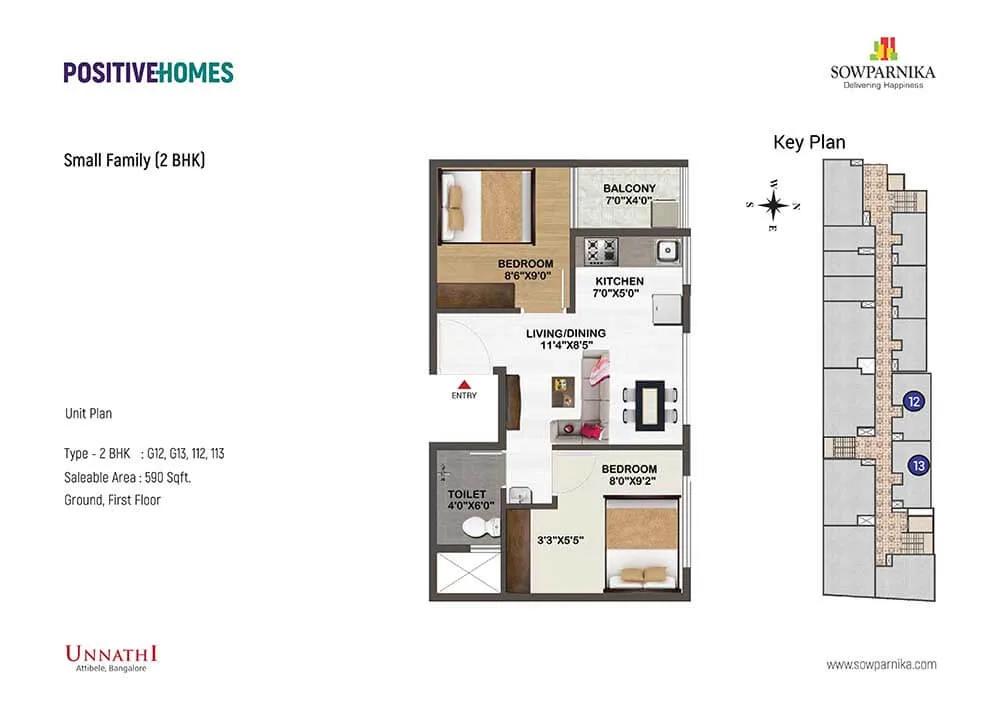 Sowparnika Unnathi 2 BHK floor plan, about 590 sq ft
