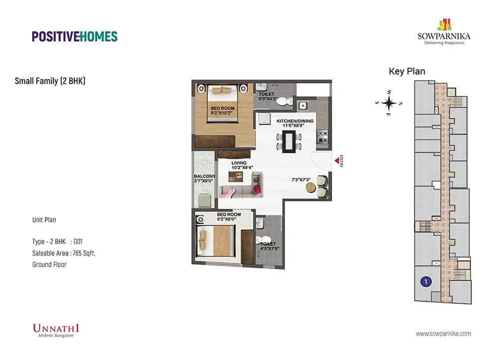 Sowparnika Unnathi 2 BHK floor plan, about 765 sq ft