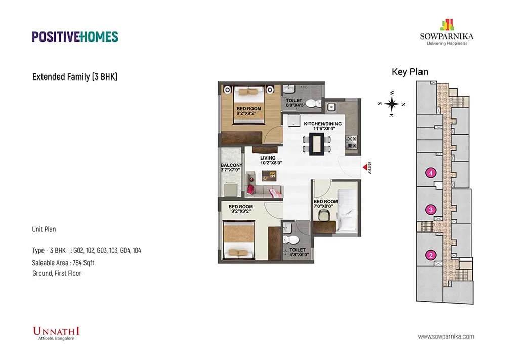 Sowparnika Unnathi 3 BHK floor plan, about 784 sq ft