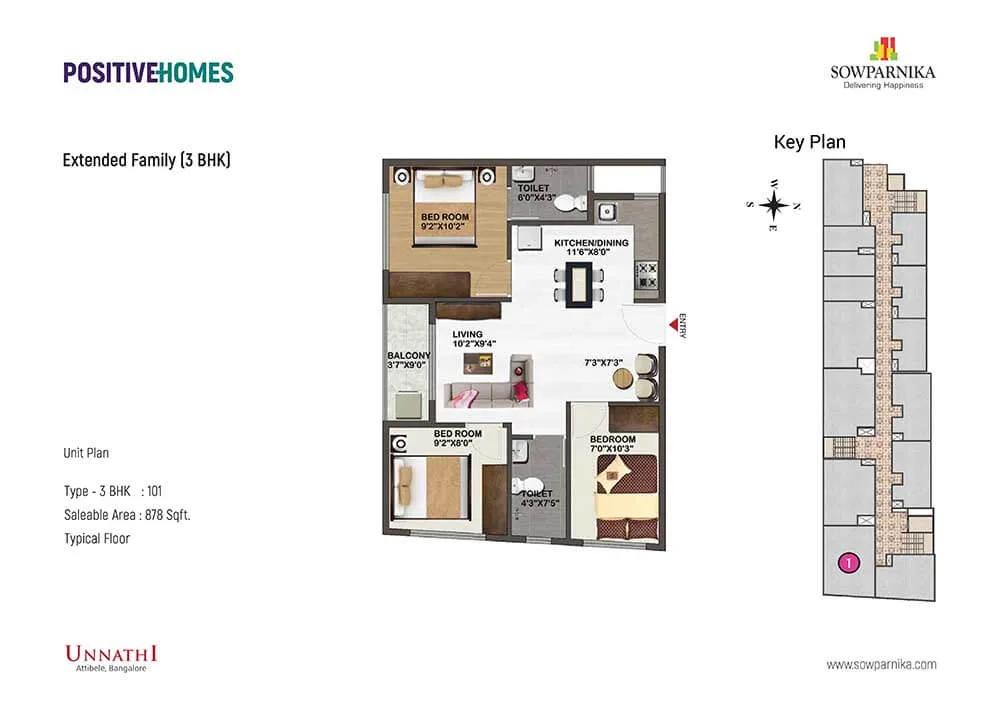 Sowparnika Unnathi 3 BHK floor plan, about 878 sq ft