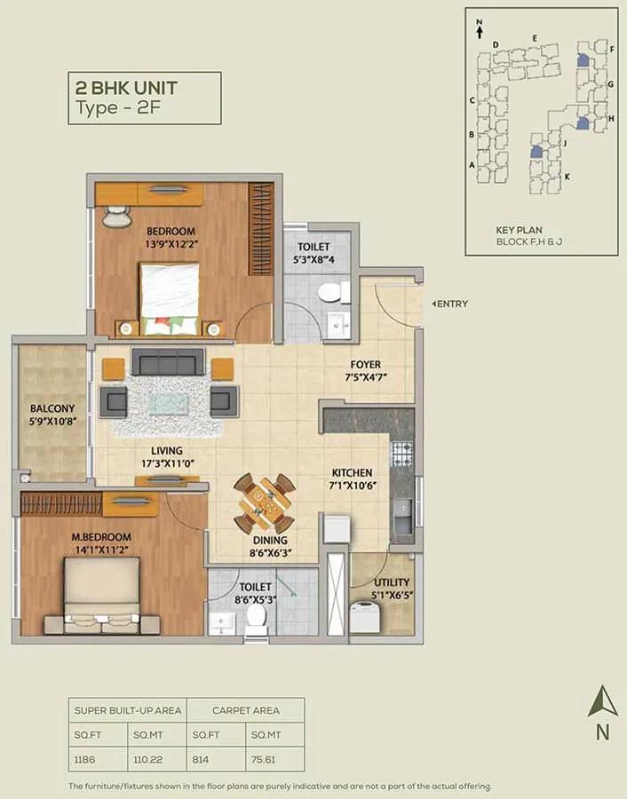 Adarsh Pinecourt 2 BHK floor plan, about 1,186 sq ft