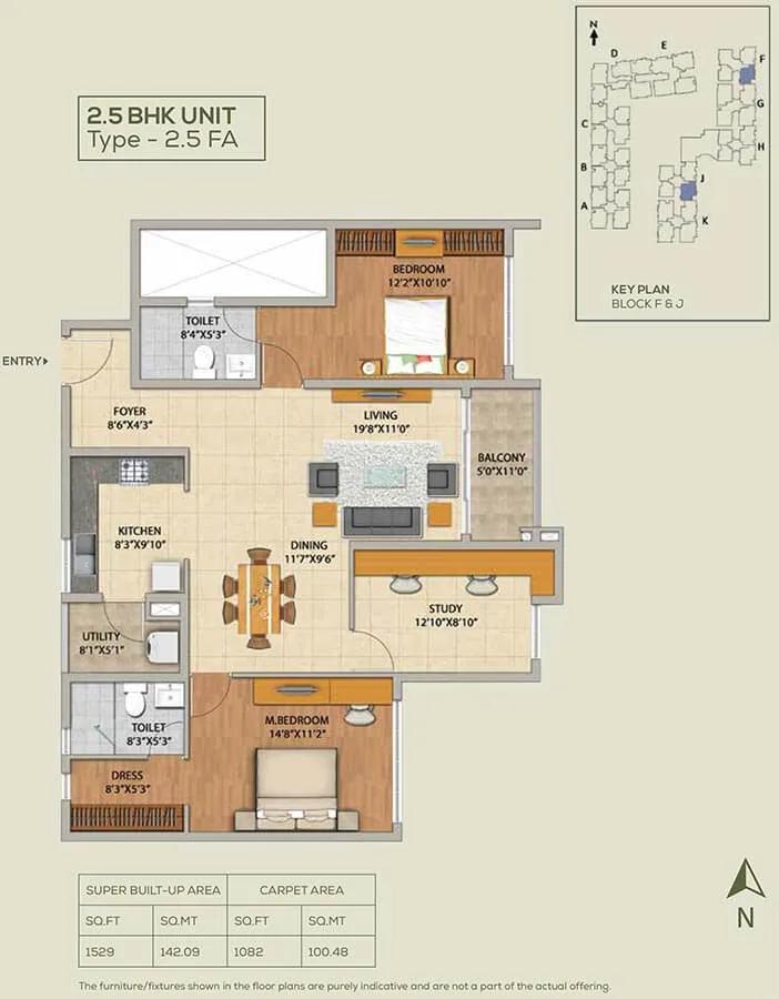 Adarsh Pinecourt 2.5 BHK floor plan, about 1,529 sq ft