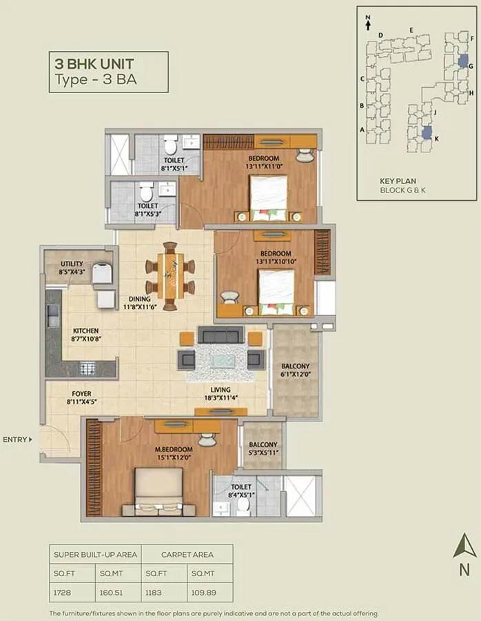 Adarsh Pinecourt 3 BHK floor plan, about 1,728 sq ft