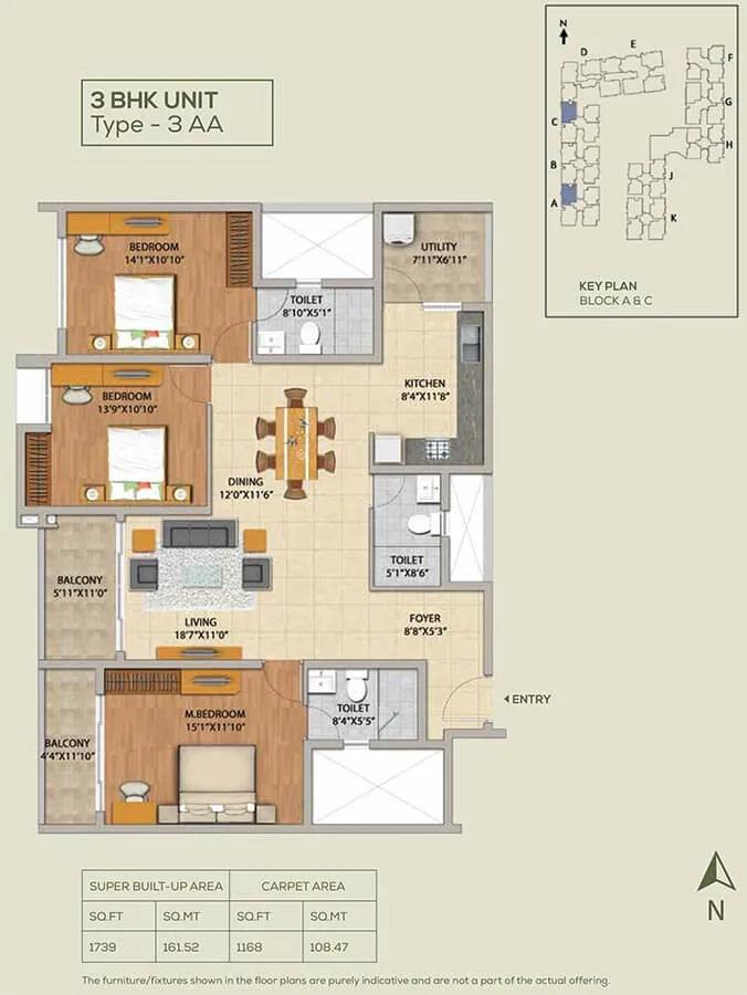 Adarsh Pinecourt 3 BHK floor plan, about 1,739 sq ft