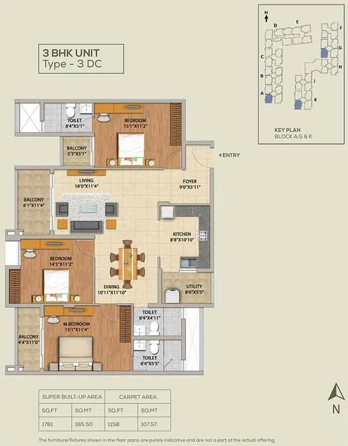 Adarsh Pinecourt 3 BHK floor plan, about 1,781 sq ft