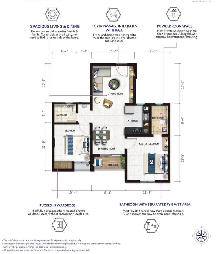 Risland The Ace 2 BHK floor plan, about 867 sq ft
