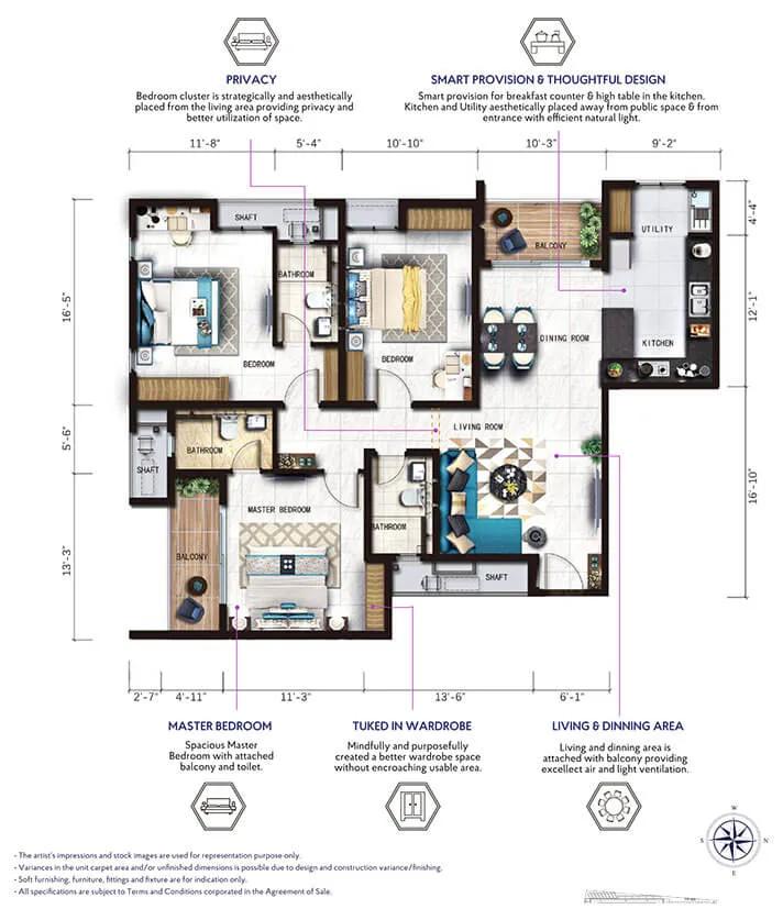 Risland The Ace 3 BHK floor plan, about 1,629 sq ft