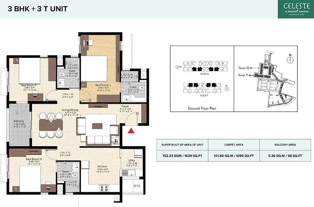 Brigade Xanadu Celeste 3 BHK floor plan, about 1,639 sq ft