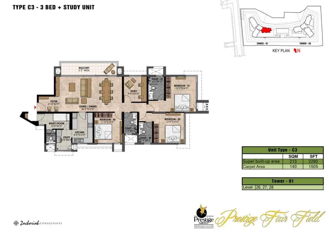 Prestige Fairfield 3 BHK floor plan, about 2,290 sq ft