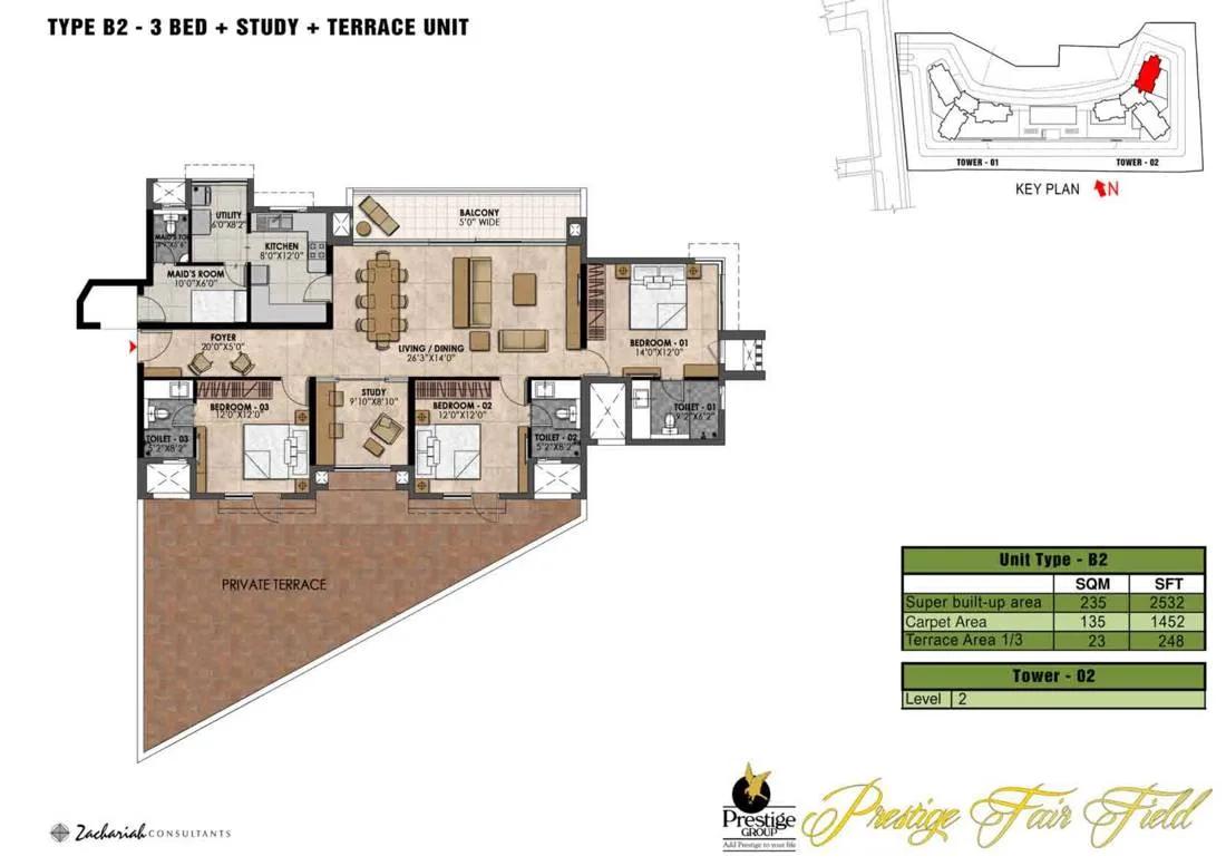 Prestige Fairfield 3 BHK floor plan, about 2,532 sq ft