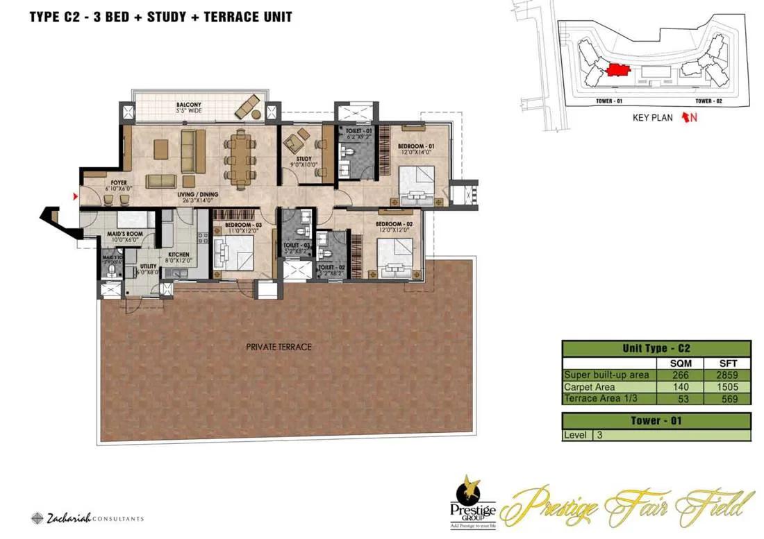 Prestige Fairfield 3 BHK floor plan, about 2,859 sq ft
