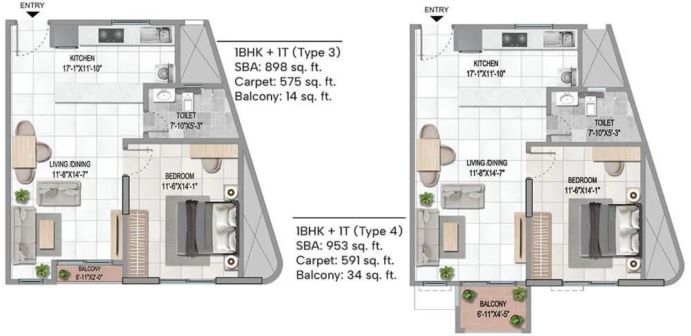 Sattva Vasanta Cove Apartments 1 BHK floor plan