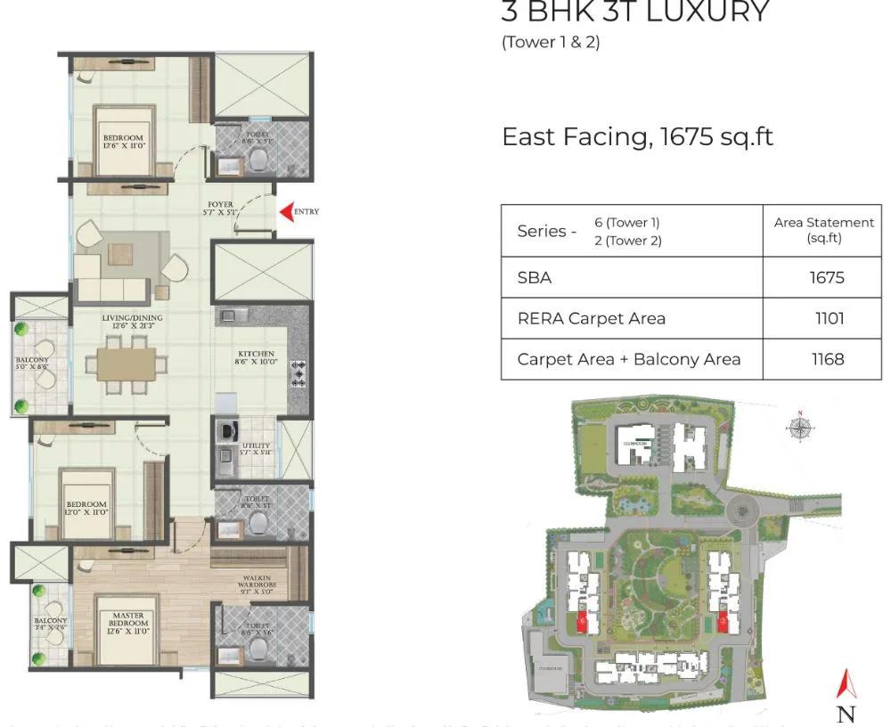 Abhee Aaria 3 BHK floor plan, about 1,675 sq ft
