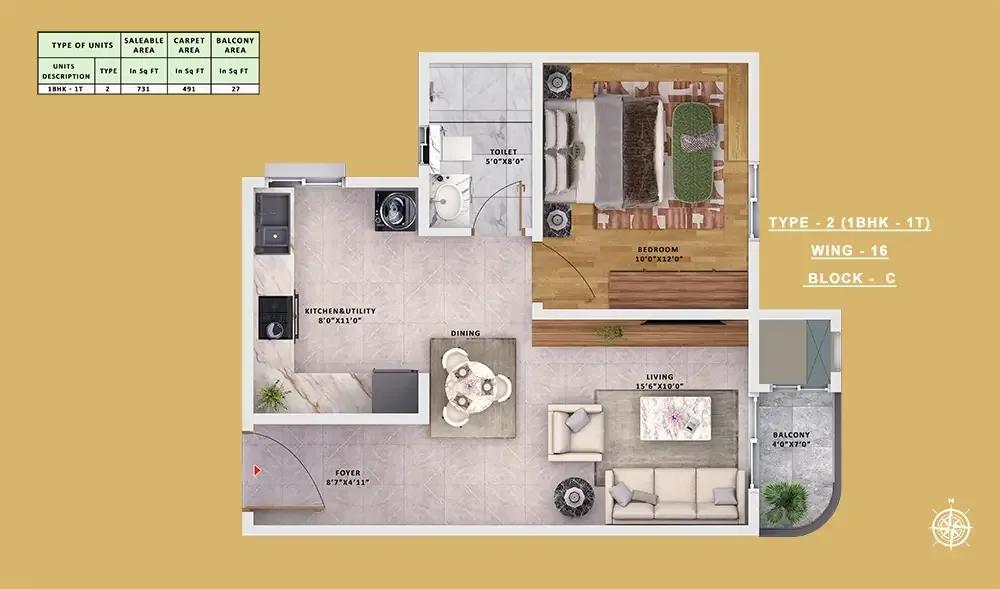 Sattva Vasanta Skye Apartments 1 BHK floor plan