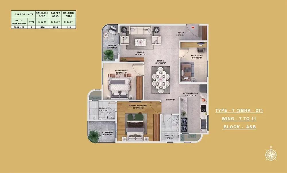 Sattva Vasanta Skye Apartments 3 BHK floor plan