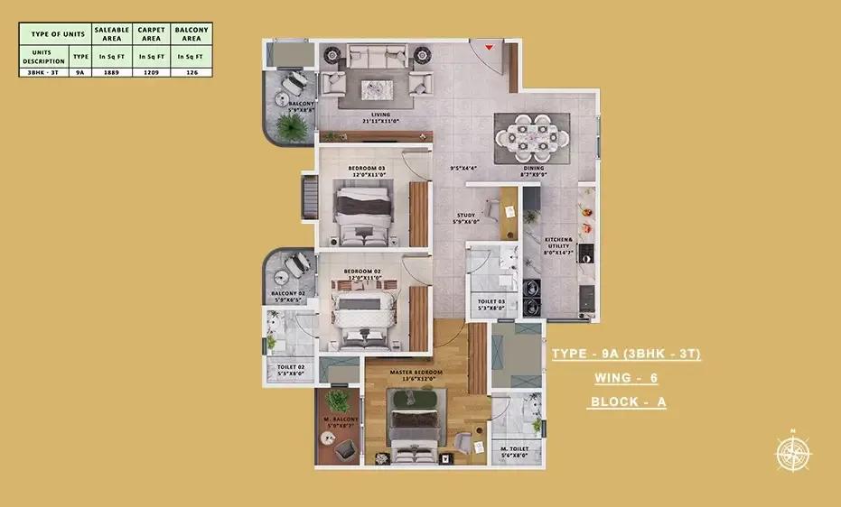 Sattva Vasanta Skye Apartments 3 BHK floor plan