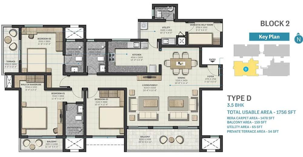 Sobha Nesara 3.5 BHK floor plan, about 1,756 sq ft