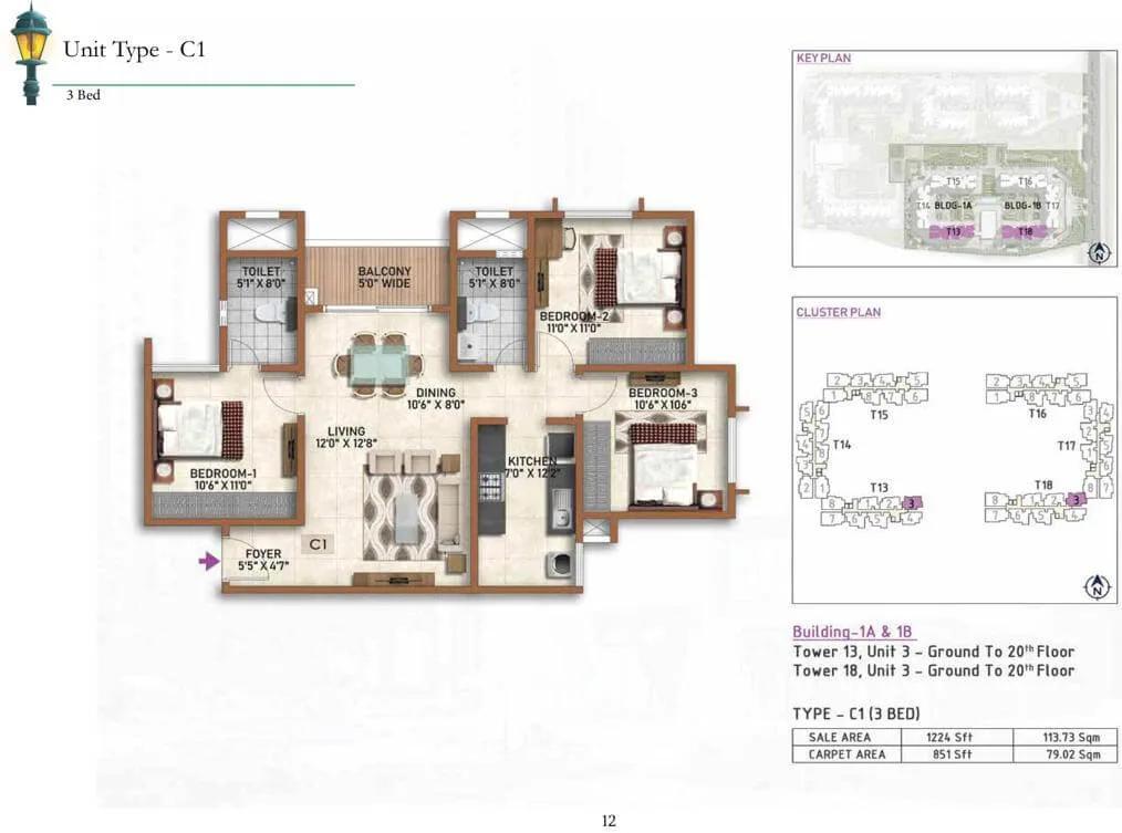 Prestige Finsbury Park 3 BHK floor plan, about 1,224 sq ft
