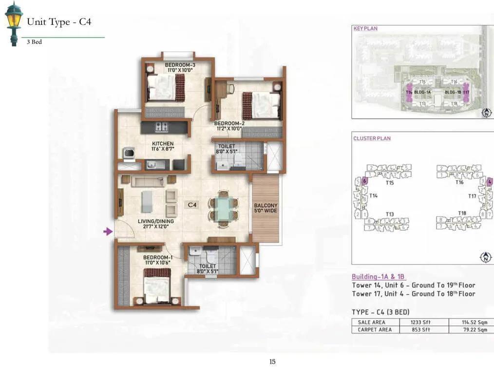 Prestige Finsbury Park 3 BHK floor plan, about 1,233 sq ft
