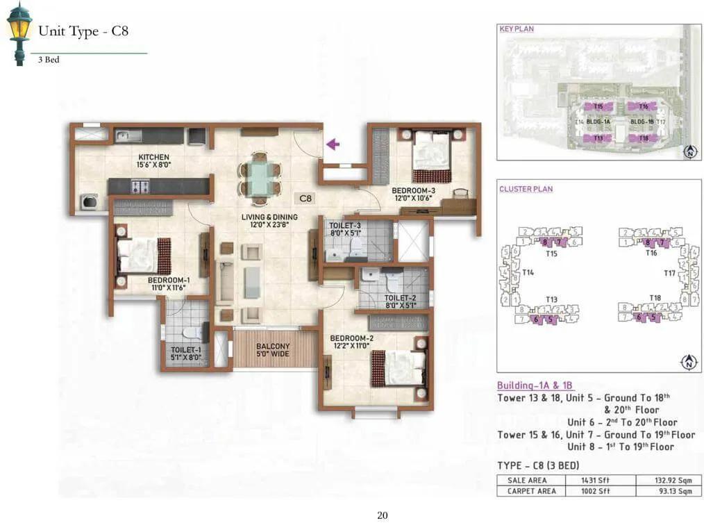 Prestige Finsbury Park 3 BHK floor plan, about 1,431 sq ft