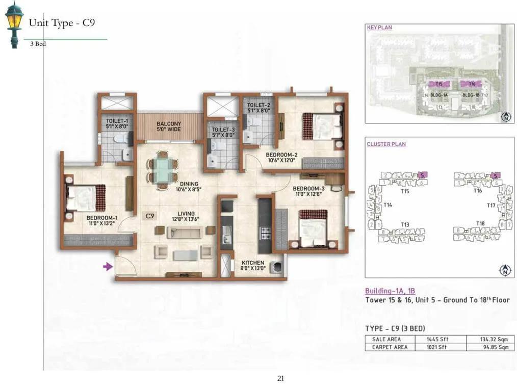 Prestige Finsbury Park 3 BHK floor plan, about 1,445 sq ft