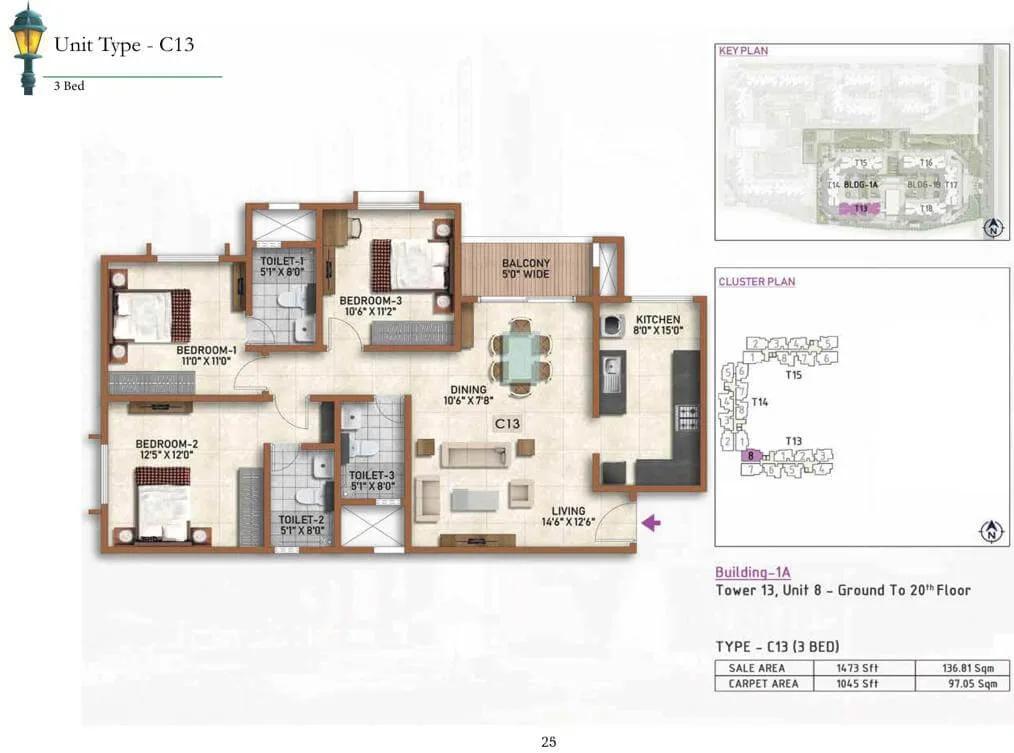 Prestige Finsbury Park 3 BHK floor plan, about 1,473 sq ft