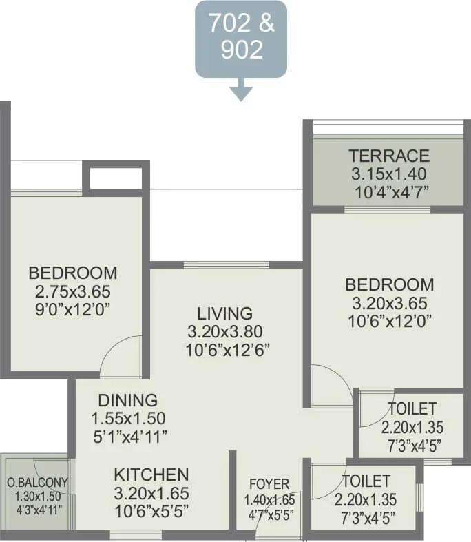 Rohan Ipsita 2 BHK floor plan, about 702 sq ft