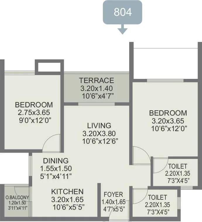 Rohan Ipsita 2 BHK floor plan, about 804 sq ft