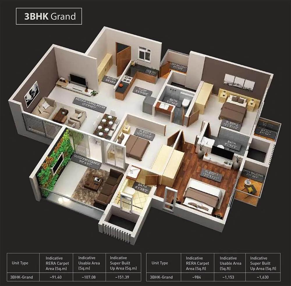 Purva Aspire 3 BHK floor plan