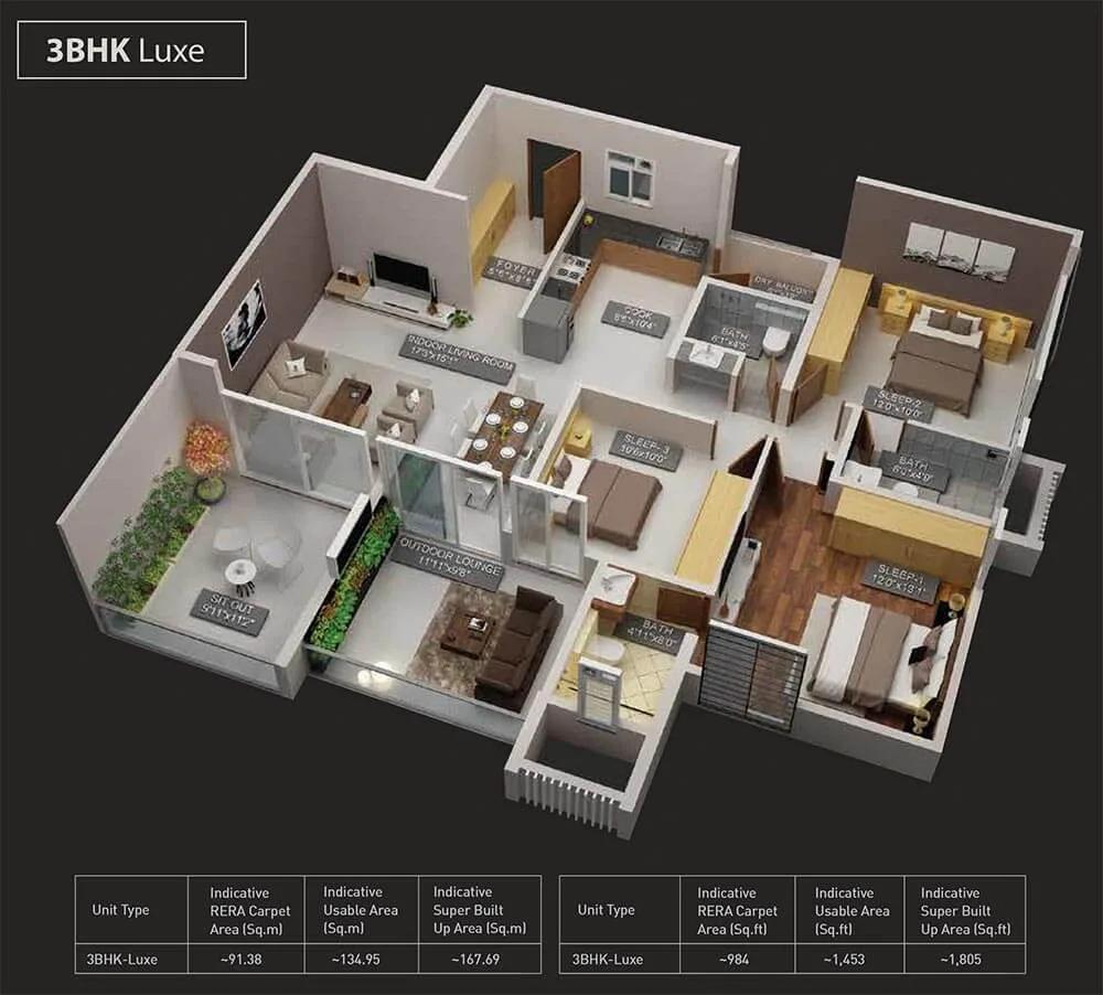 Purva Aspire 3 BHK floor plan