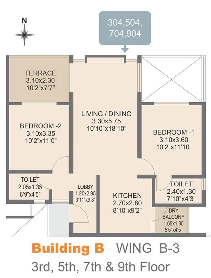 Rohan Abhilasha 2 BHK floor plan, about 797 sq ft