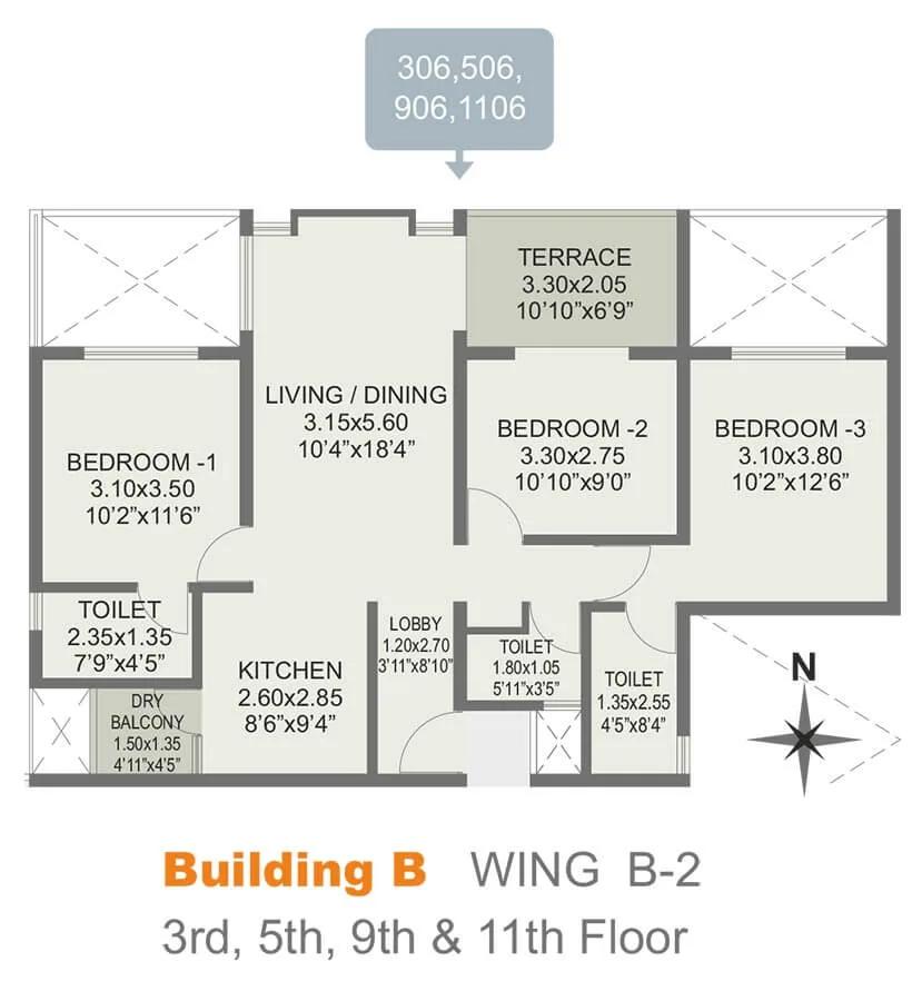 Rohan Abhilasha 3 BHK floor plan, about 948 sq ft