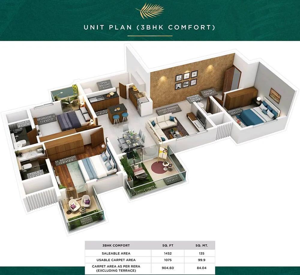Purva Emerald Bay 3 BHK floor plan, about 1,452 sq ft