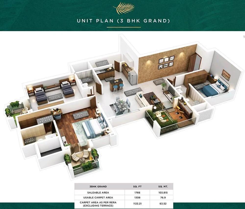 Purva Emerald Bay 3 BHK floor plan, about 1,766 sq ft