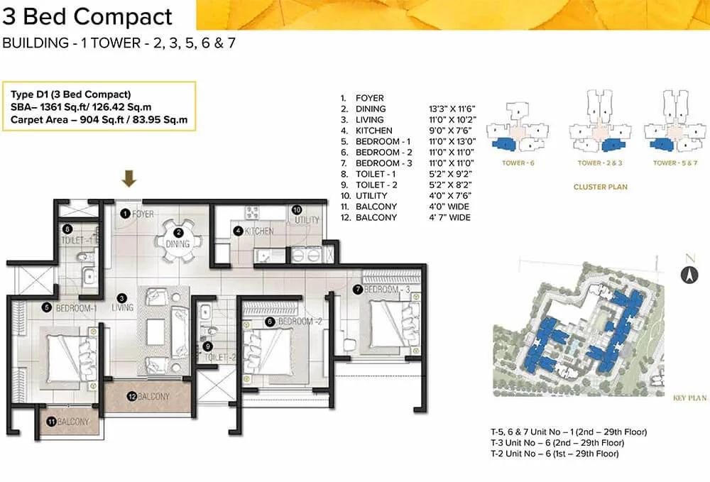 Prestige Avalon Park 3 BHK floor plan, about 1,361 sq ft