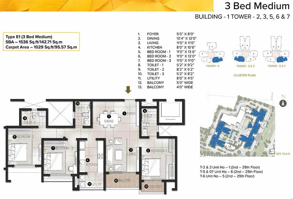 Prestige Avalon Park 3 BHK floor plan, about 1,536 sq ft