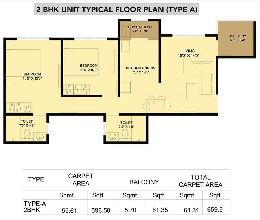 Kohinoor Sapphire 2 2 BHK floor plan, about 659 sq ft