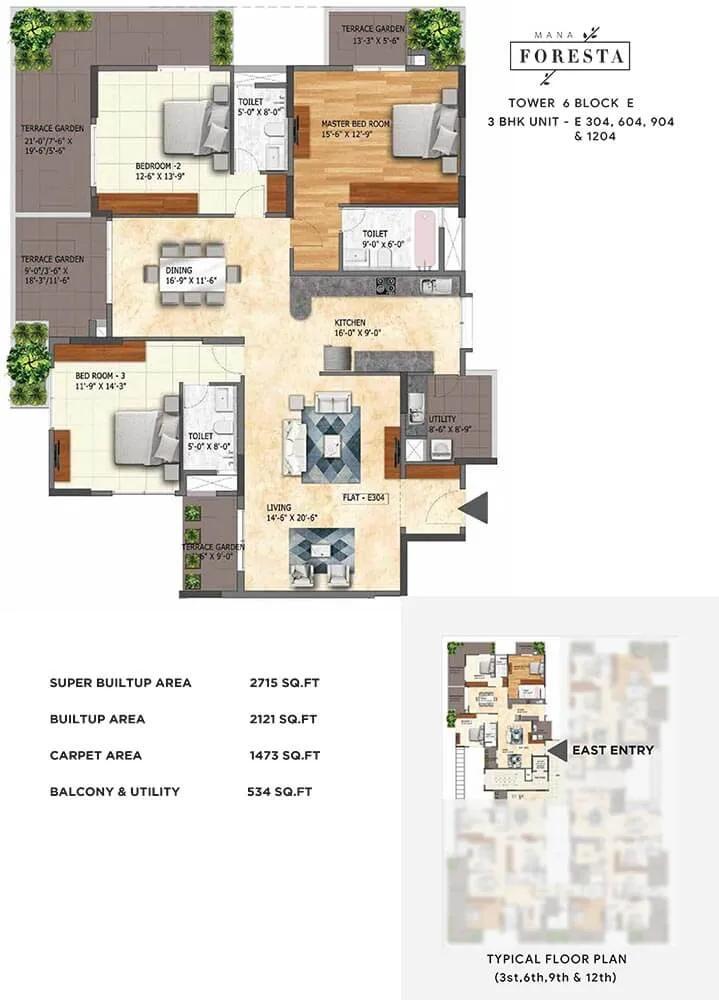Mana Foresta 3 BHK floor plan, about 2,715 sq ft
