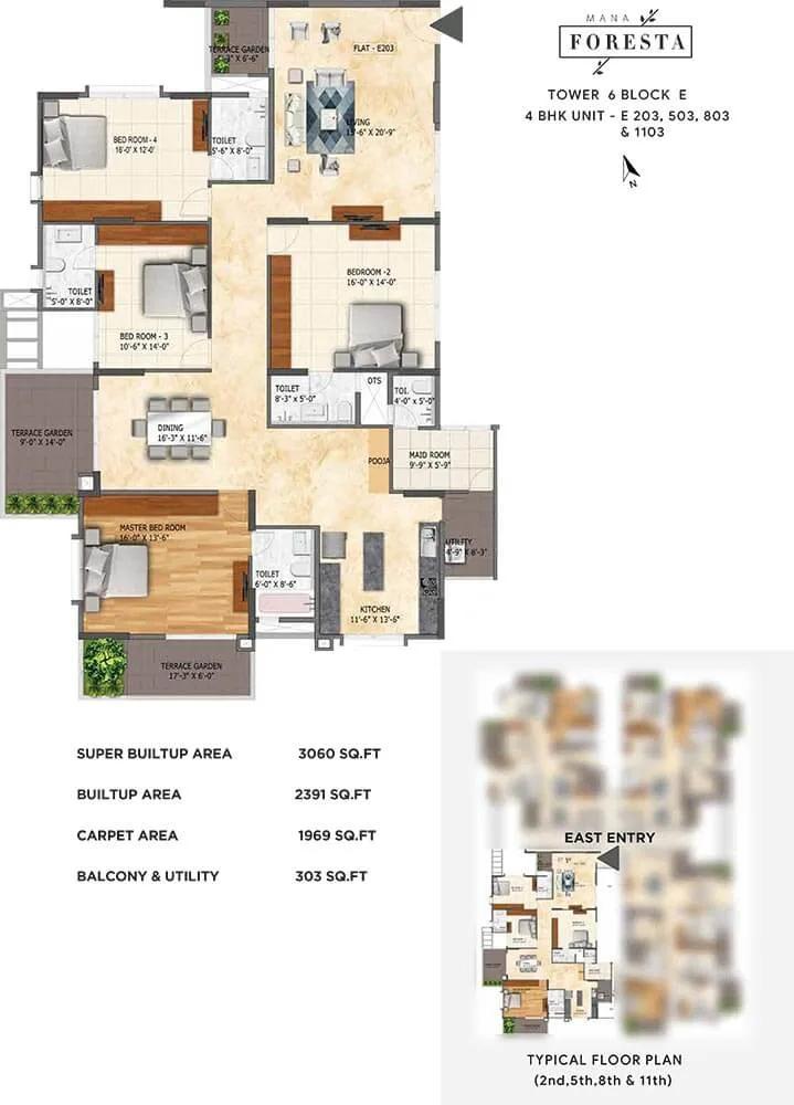 Mana Foresta 4 BHK floor plan, about 3,060 sq ft